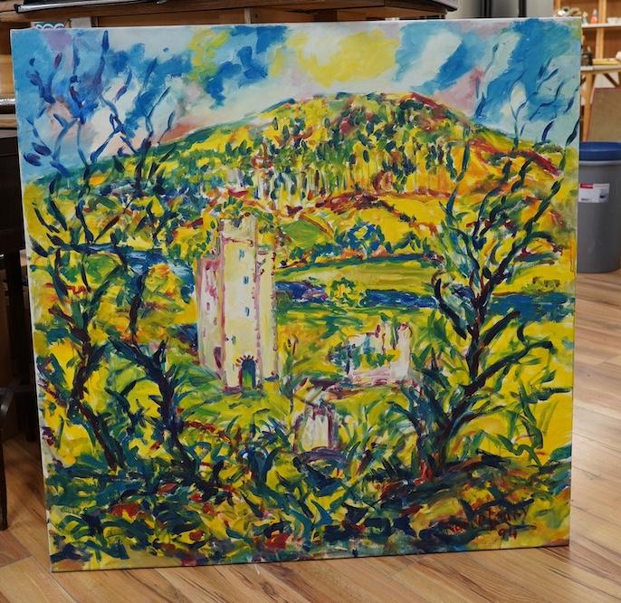 Ramie Leahy (Irish, b.1950), abstract oil on canvas, ‘Dysart Castle, Berkeley’s Birthplace’, signed and dated '94, 101 x 101cm, unframed. Condition - good